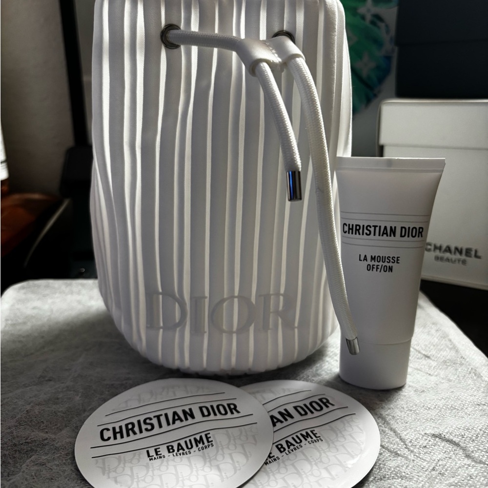 Dior White Drawstring Cosmetic Bag with Skincare Products